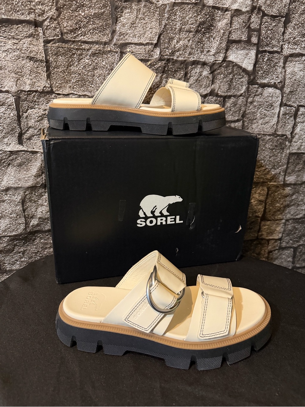 Sorel Dual-Strap Slide Sandals with Silver Buckle NIB